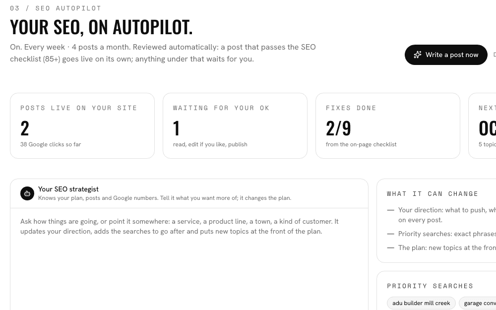 The SEO Autopilot page in the Unifictional client portal, with the calendar of posts and the strategist
