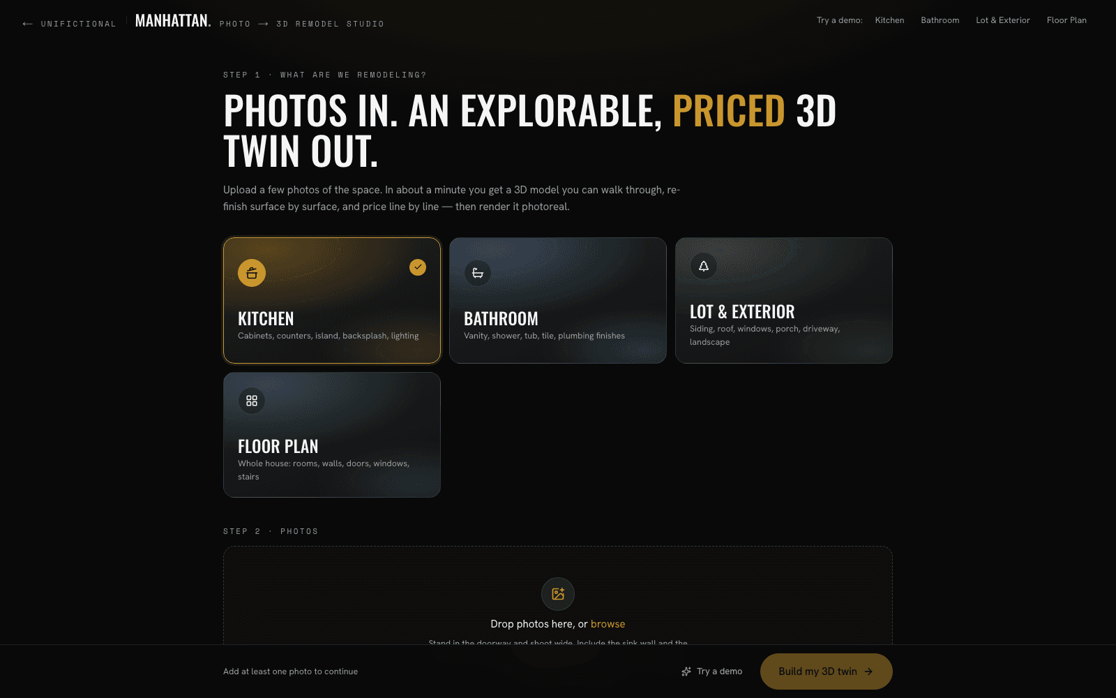 The Unifictional 3D Studio: a kitchen photo turned into a 3D model with a live, line-by-line estimate beside it