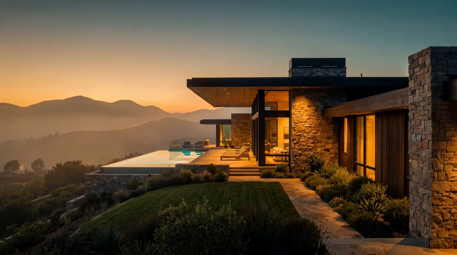 The finished custom home at golden hour, lit and complete.